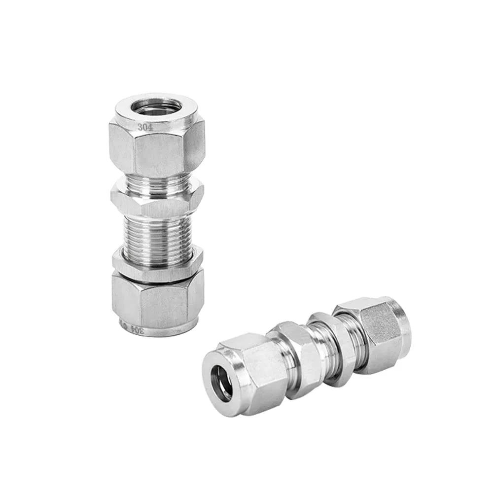 304 Stainless Steel Bulkhead Compression Tube Fitting Union One Eighth Inch Outer Diameter To One Eighth Inch Outer Diameter Pack Of Two With Double Ferrule For Leak Resistant Wall Mount Through Bulkhead