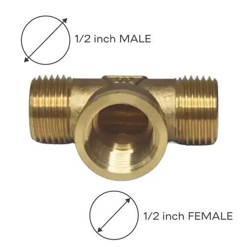 Brass Pipe Tee One Half Inch Male To One Half Inch Female To One Half Inch Male Three Way Connector for plumbing and garden hose lines.