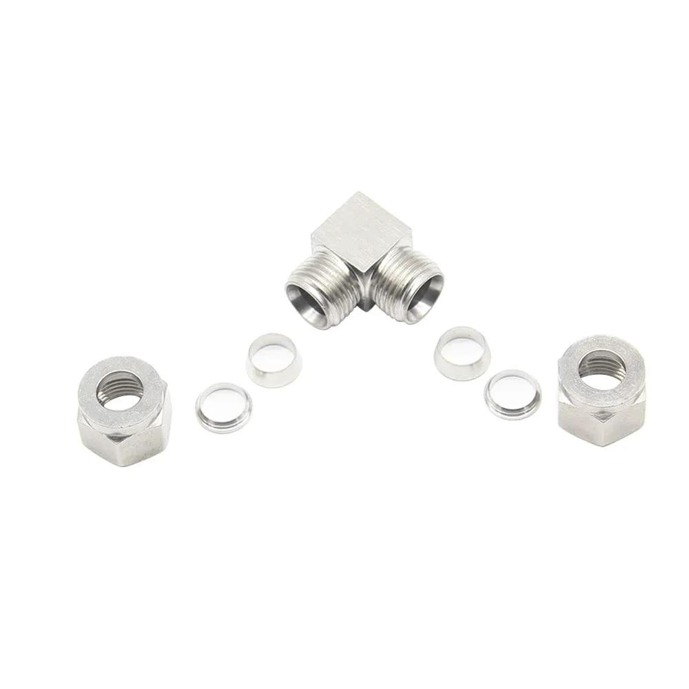 Heavy Duty 304 Stainless Steel Compression Tube Fitting 90 Degree Elbow For Tubing To Pipe Three Eighths Inch OD X Three Eighths Inch OD Twin Ferrule Leakproof High Pressure Seal Pysrych shown disassembled with components visible