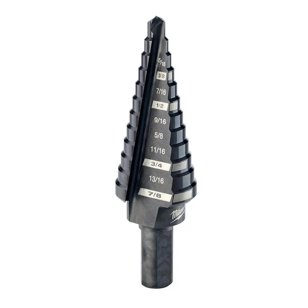 Heavy Duty Step Drill Bit 3/16 To 7/8 Inches With All Metal Ratcheting Chuck And Soft Grip Handle For Tough Metal And Plastic Drilling Built For Real World Tough Jobs Tough As Nails By Milwaukee Electric Tool standing upright showing multiple step sizes.