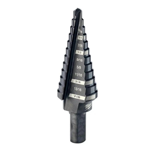 Heavy Duty Step Drill Bit 3/16 To 7/8 Inches With All Metal Ratcheting Chuck And Soft Grip Handle For Tough Metal And Plastic Drilling Built For Real World Tough Jobs Tough As Nails By Milwaukee Electric Tool standing upright showing multiple step sizes.