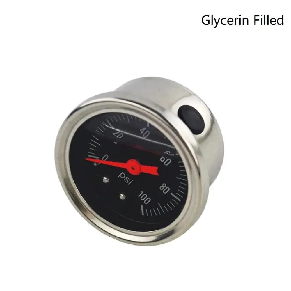 Universal Manual Inline Fuel Pressure Regulator Gauge Liquid Filled Adjustable Zero To One Hundred PSI Steel Case Black Face Close-up