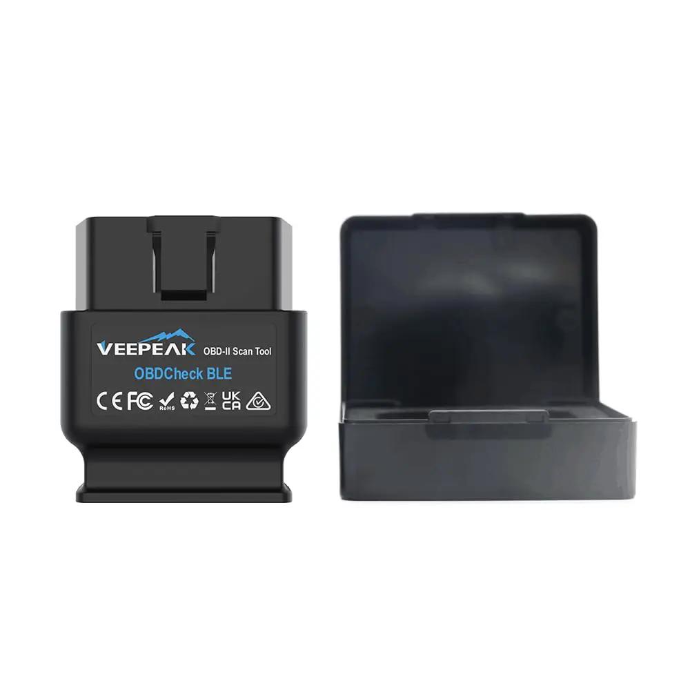 OBD2 Bluetooth Car Diagnostic Scanner For IOS And Android With BLE Read And Clear Check Engine Codes Live Data Freeze Frame O2 Sensor Tests IM Readiness in black, compact design with storage case.