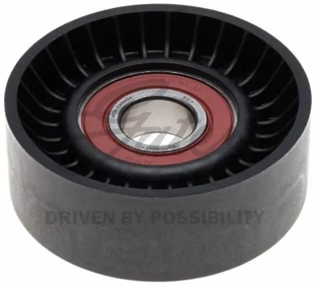 DriveAlign Belt Drive Idler Tensioner Pulley 38018 with OE Quality Fit, visible in steel and thermoplastic, front view