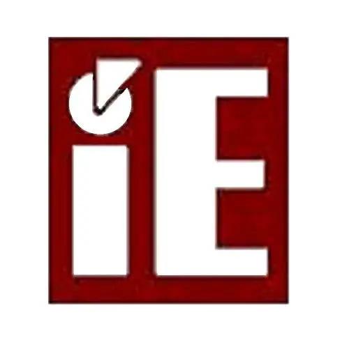Red logo featuring white lowercase 'i' and uppercase 'E' with a circular design element.
