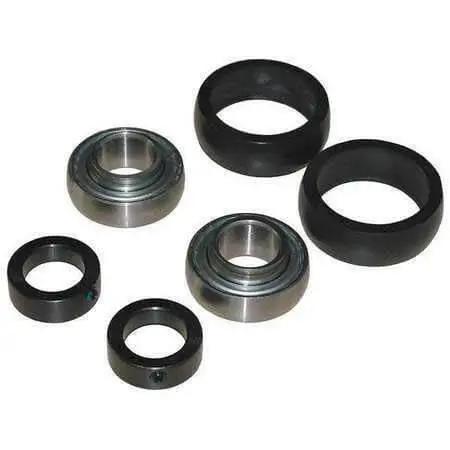 Self-aligning ball bearing kit, pack of 2, 3/4 in bore, includes locking collar, rubber isolator & thrust washer, components view.