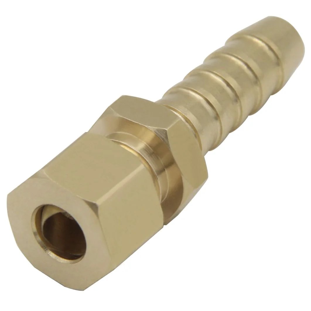Brass Compression Fitting 5/16 Inch Tube OD to 5/16 Inch Hose Barb for Transmission Cooler and Fuel Line, rust resistant close-up view
