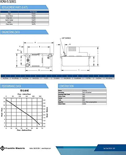 Technical specifications and engineering drawings for Automatic Condensate Removal Pump for HVAC Refrigeration and Dehumidifiers 115 Volt One Fiftieth HP 65 GPH Flow Vertical Switch Design to Save Space Thermally Protected Motor 6 Foot Cord No Safety Switch Color Black White 554401