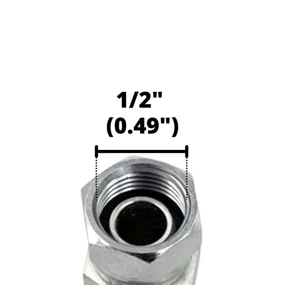 Close-up of Heavy Duty Four SAE ORB Male To Quarter Inch NPSM Female 90 Degree Elbow Swivel Hydraulic Adapter Fitting with dimensions.