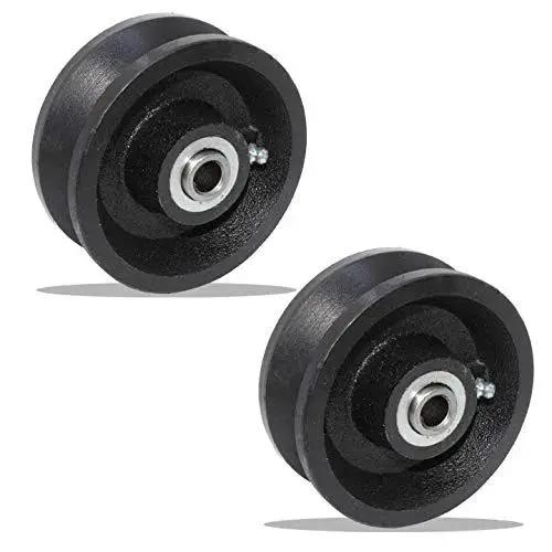 Beefy Heavy Duty Cast Iron V Groove Wheel Set For Residential Rolling Gates 4 Inch By Two And A Half Inch With Roller Bearing Eight Hundred Pound Capacity Pair By Bobco Metals, displayed as a pair on white background