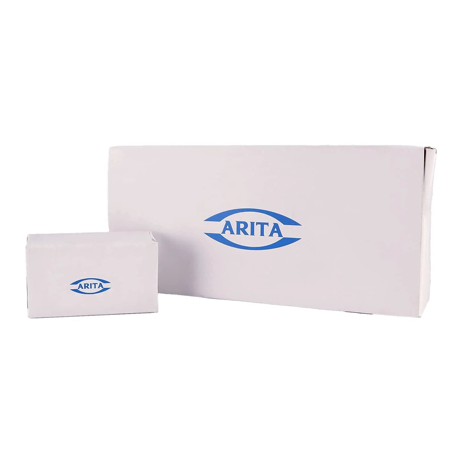 Arita branded packaging boxes, front view, showing two white boxes with blue Arita logo, likely containing valves or fittings.