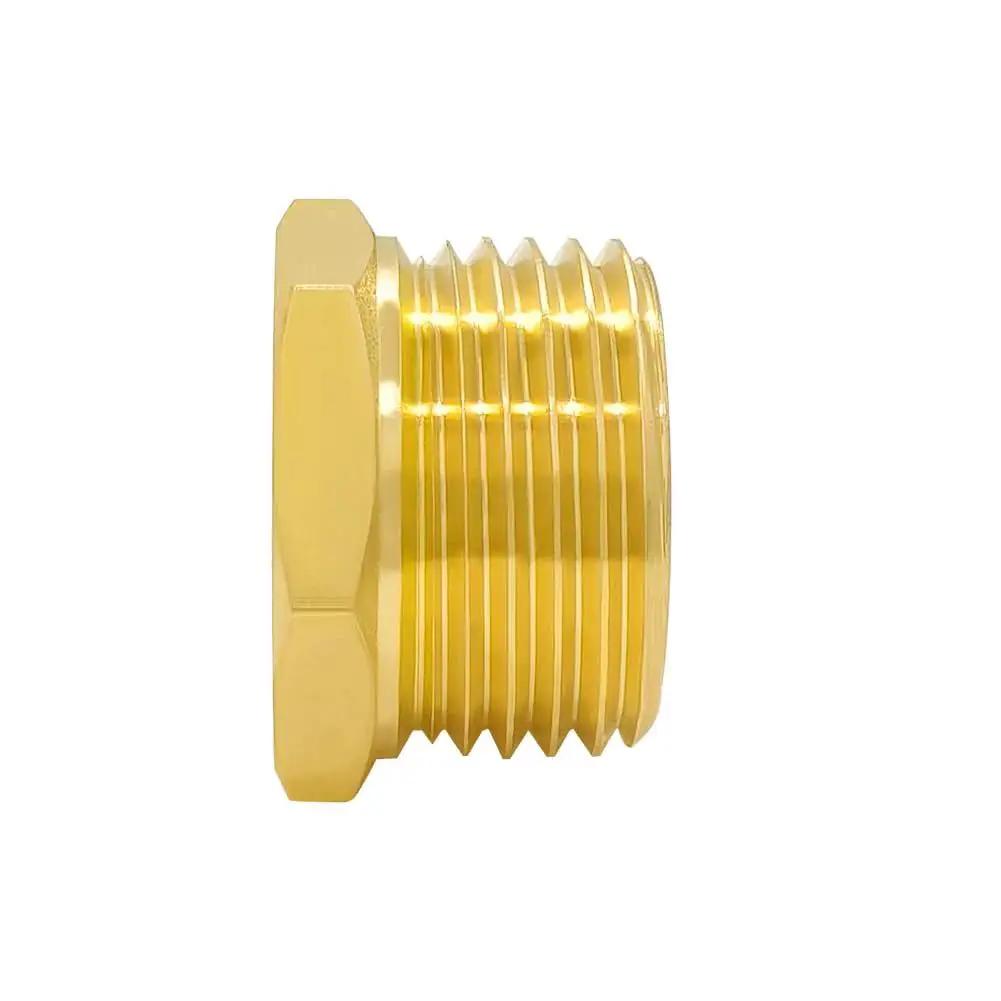 Two Pack Rugged Brass Garden Hose Fittings Reducer Adapters Half Inch NPT Female To Three Quarter Inch GHT Male, side view