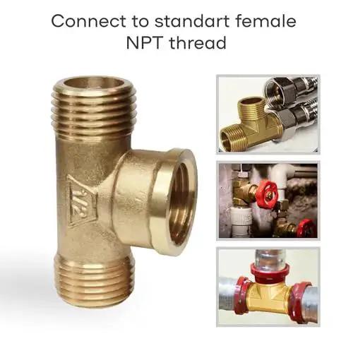 Brass Pipe Tee One Half Inch Male To One Half Inch Female To One Half Inch Male Three Way Connector with threaded ends