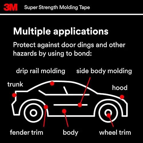 Diagram showing applications for Super-Strength Molding Tape 1/2 in x 15 ft Single Roll High-Strength Double-Sided Automotive Trim Adhesive 03614.