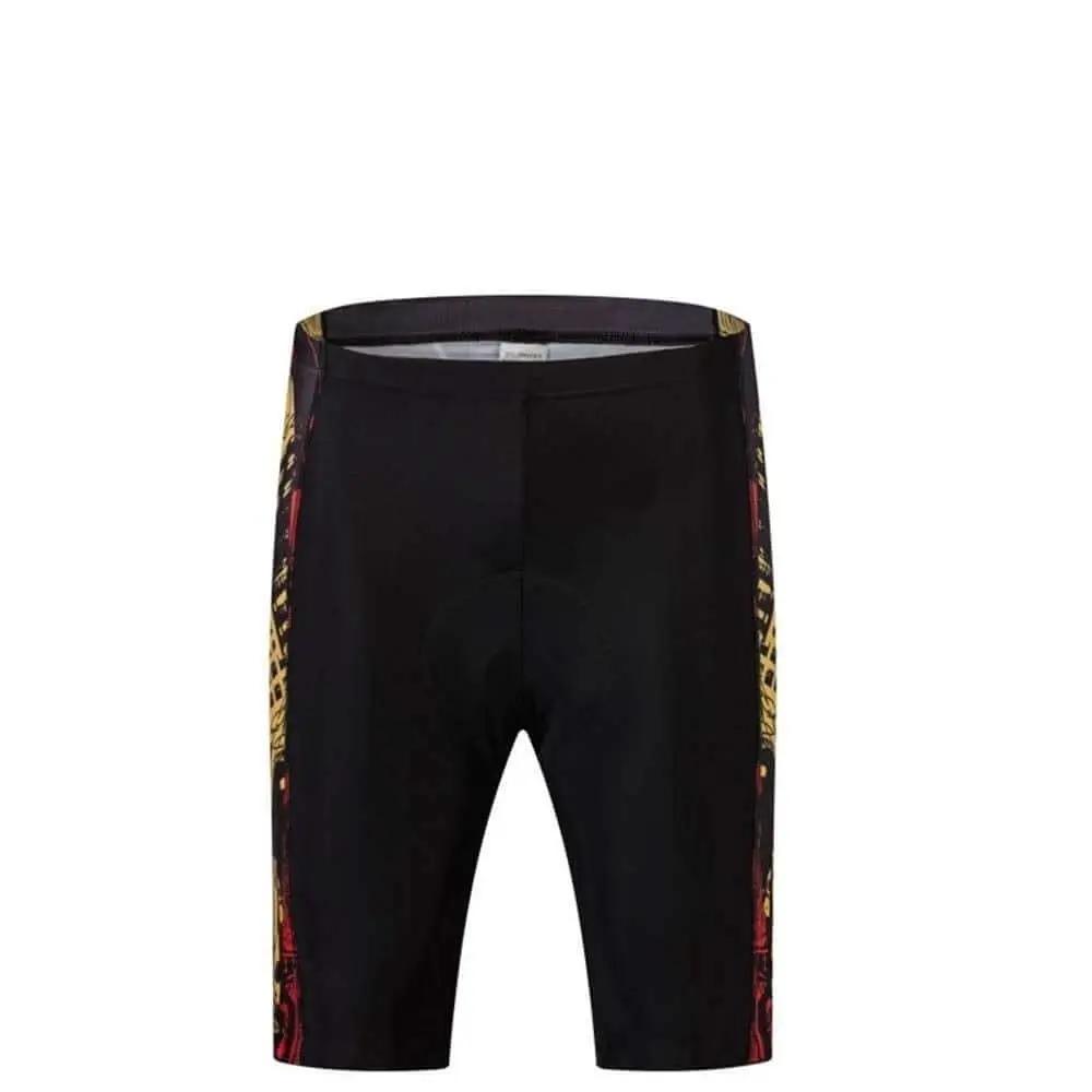Front view of black cycling shorts with colorful side panels, showcasing sleek design for comfort and performance.