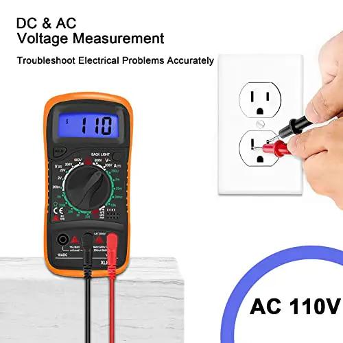 All In One Digital Multimeter Voltmeter Kit With LCD Display For AC DC Voltage And Current, Resistance, Continuity, Diodes, Battery Test, And Included Test Leads measuring voltage from outlet.