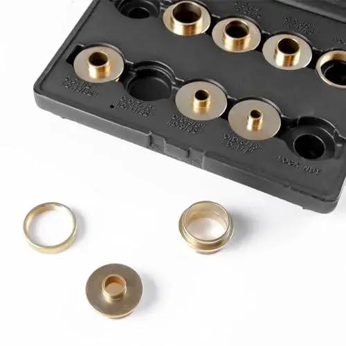 Brass Router Template Bushing Set 10 Piece With 8 Guide Bushings And 2 Lock Nuts For Precise Template Routing with case displayed