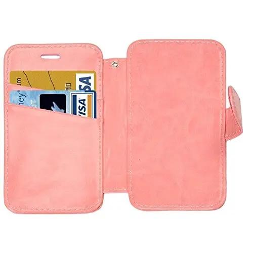 Open pink phone wallet case with card slots displaying credit cards