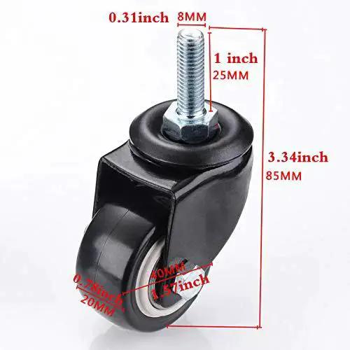 Close-up of Four M8x25mm PU Rotating Caster showing dimensions, 360 Degree Swivel with TPE Soft Rubber, no brakes, heavy duty