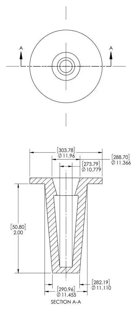 Technical diagram of T Series Tapered Plastic Cap And Plug Set 8 Pack Red LD PE Protective Closures showing OD 10.779 in, ID 11.455 in.