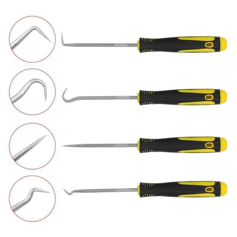 4 Piece Precision Pick And Hook Set Heavy Duty Tools With Non Slip Handles For Automotive O Ring Seal And Gasket Removal Includes Straight 45 Degree 90 Degree And 135 Degree Picks And Colorful Blue Yellow Red Handles