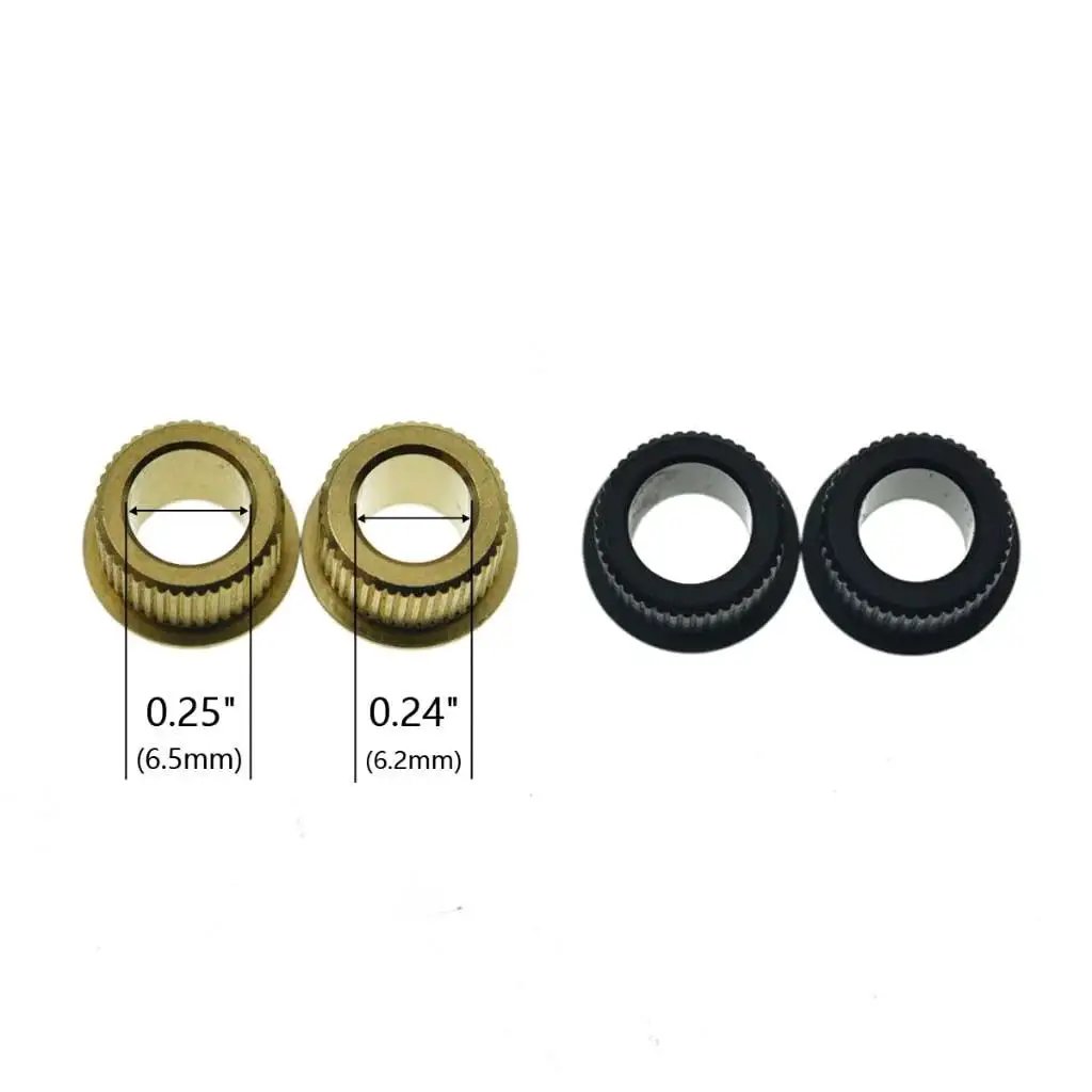 Brass guitar tuner conversion bushings for vintage to modern guitars with outer diameter ten point two millimeters, nickel finish.