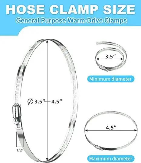 Diagram showing sizes of Six Pack Four Inch Stainless Steel Hose Clamps Adjustable Worm Gear Clamps for pipe and fuel line.
