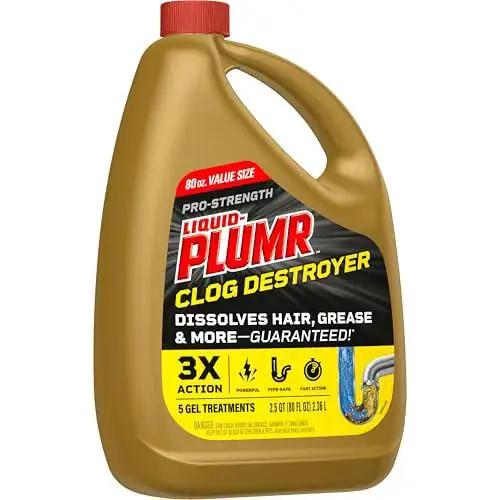 Pro Strength Clog Destroyer Gel For Drains Liquid Drain Cleaner 80 Oz bottle showing label and red cap