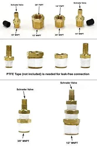 Valve Adapters Kit For Sprinkler Winterization Featuring Schrader Valve To Male NPT Fittings Lead Free Brass Includes One Eighth MNPT