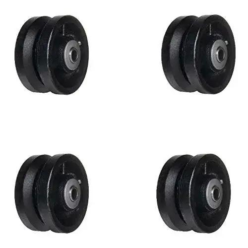Beefy Workhorse Heavy Duty Cast Iron V Groove Caster Wheels With Straight Roller Bearing, 4 Inch Diameter, pack of 4, SY America