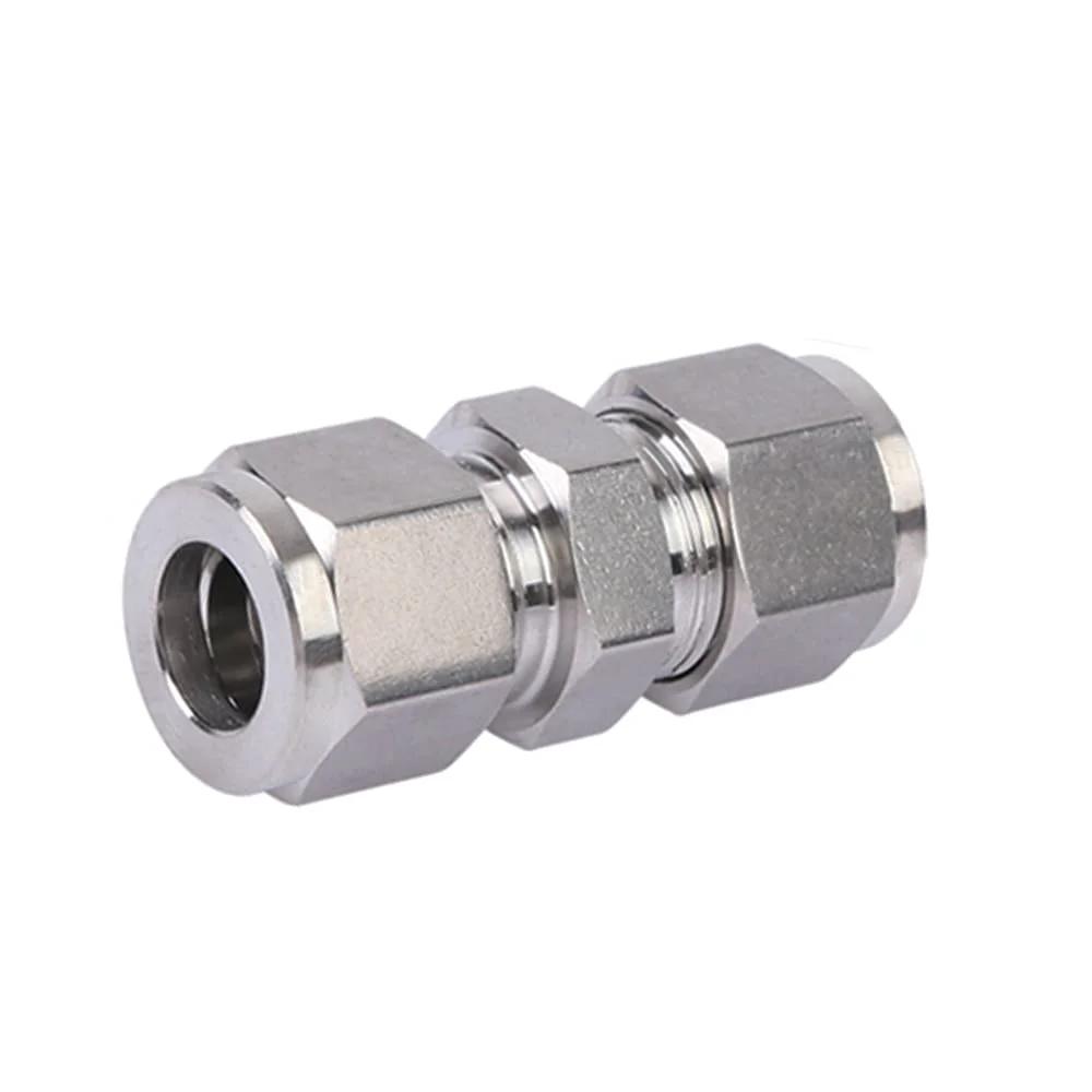 304 Stainless Steel Compression Tube Fitting Union With Double Ferrules Three Eighths Inch Outer Diameter To Three Eighths Inch Outer Diameter Pack Of Two For Easy Pipe Connection And Quick Disconnect, close-up view