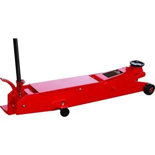 Side view of a red 5 Ton Air Hydraulic Long Floor Jack With Padded Saddle Protection suitable for lifting vehicles.