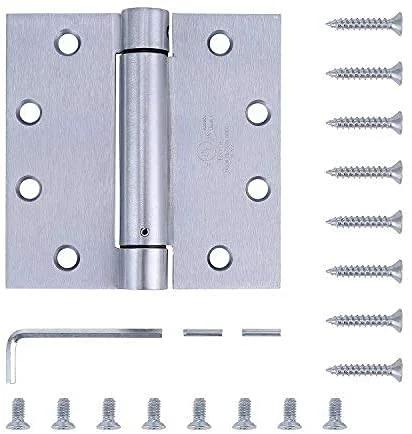 Heavy Duty Stainless Steel Door Hinge Set Pro Grade 4.5 Inch By 4.5 Inch Self Closing Reversible Spring Hinges UL Listed With Complete Installation Hardware 2 Pack shown with screws and hardware.