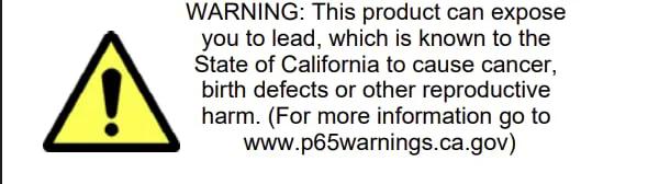 California Proposition 65 warning label about lead exposure and reproductive harm.