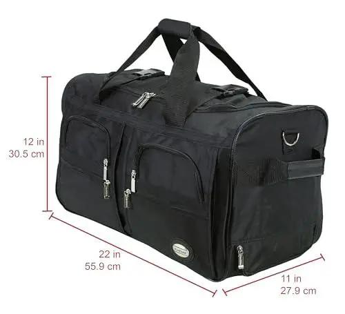 Rolling Duffel Bag With Extra Large Wheels And A Wide U Shaped Opening, Sleek Black 22 Inch Soft Sided Travel Luggage With Heavy Duty Zipper, Four Front Pockets For Quick Access, Easy Glide Mobility, Fashionable Yet Practical Rockland.