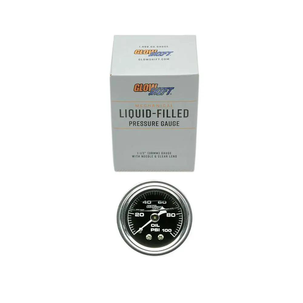 Liquid Filled Mechanical Oil Pressure Gauge 0 To 100 Psi With 1-1/2 Inch Black Dial White Needle Clear Lens shown with packaging