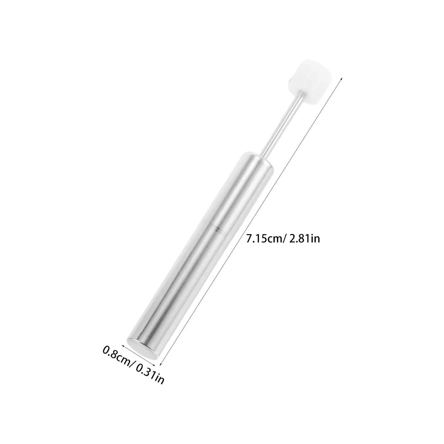 Universal Trash Can Lid Damper Replacement Soft Close Hydraulic Piston, 7.15cm length, 0.8cm width, metal finish, side view.