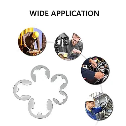 120Pcs 10 Size 304 Stainless Steel E Clip Assortment Kit With External Retaining Snap Rings Circlips For 1.5 To 10 Mm In Durable Plastic Storage Box Pro Grade Shop Must Have image showing various application uses for E-clips in machinery and automotive work.