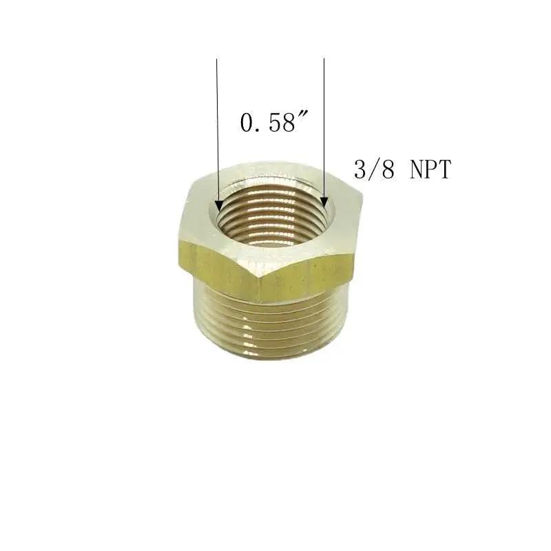 Brass Pipe Reducer Adapter Three Eighths Inch NPT Female To M22 By 1.5 Metric Male Fitting with visible 0.58 inch measurement.