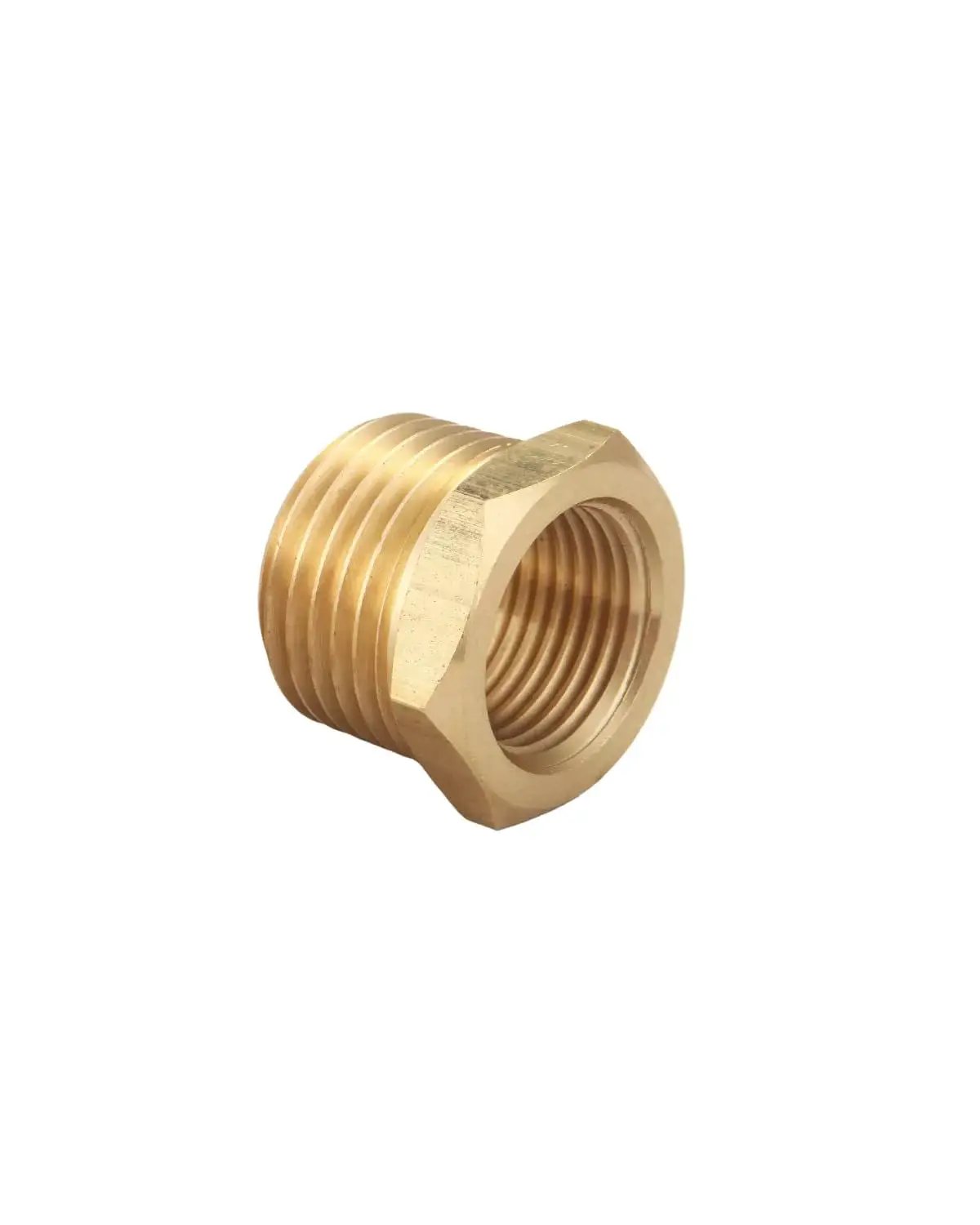 Brass NPT Male To NPT Female Reducer Hex Bushing Three Quarter Inch To One Half Inch Pipe Fittings, corrosion resistant, side view