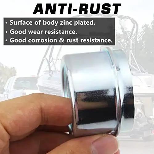 Close-up of a zinc-plated 1.98 inch heavy-duty Trailer Hub Dust Cap from a 4 pack set with features displayed in background.