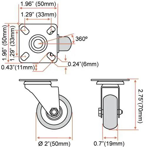 Diagram of 8 Pack Swivel Plate Casters With Red Polyurethane Wheels 2 Inch Diameter Plate 50mm Hole Center 33mm Locking Brakes Optional