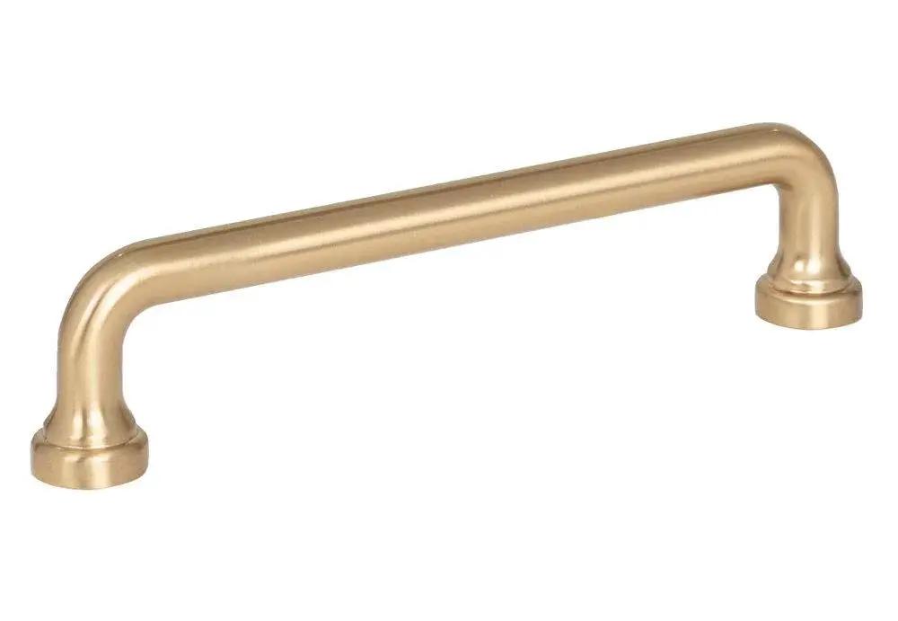 Malin Collection Cabinet Pull Warm Brass Finish With 5 1/16 Inch Mounting Centers, Overall Length 5 3/4 Inches, side view.