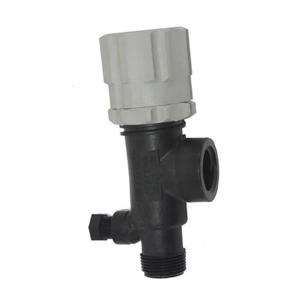 Heavy Duty Polypropylene Three Quarter Inch Pressure Relief Valve For Irrigation Systems With Quarter Inch Gauge Port And Inlet Connection Three Quarter Inch 316 Stainless Steel Spring Viton O Ring Piston Type Regulating Valve By TeeJet, front view, showcasing inlet connection and gauge port.