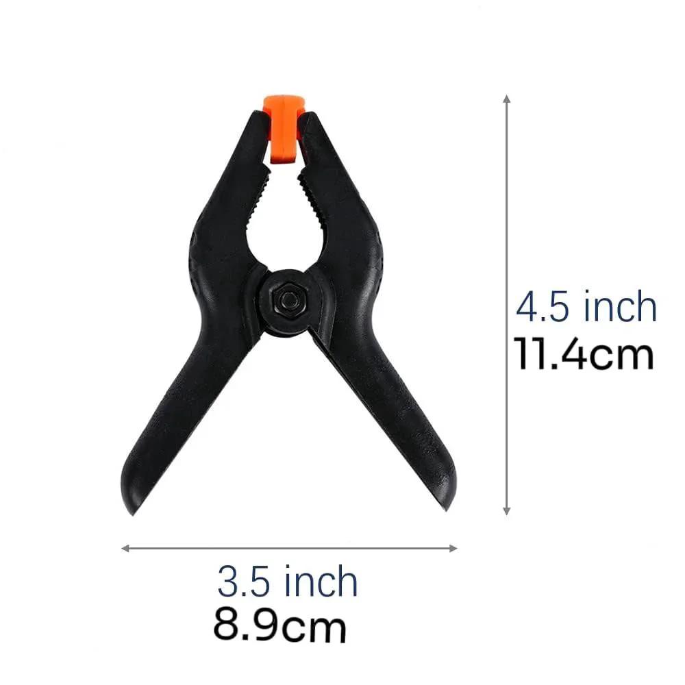 Ten Pack Heavy Duty 4.5 Inch Plastic Spring Clamps For Crafts Backdrops Photography And Home Improvement Projects Durable Nylon Construction With Ergonomic Round Handles And Anti Slip Grip close-up view with dimensions
