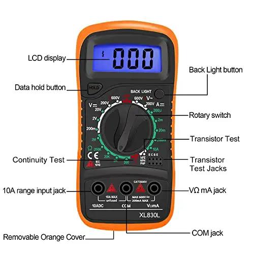 All In One Digital Multimeter Voltmeter Kit With LCD Display For AC DC Voltage And Current, Resistance, Continuity, Diodes, Battery Test, And Included Test Leads - front view showing LCD display and rotary switch.