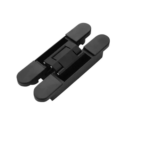 Black hidden 180-degree wooden door hinge for wide door spacing supports 40 to 80 kg, invisible cross casement gate hardware.
