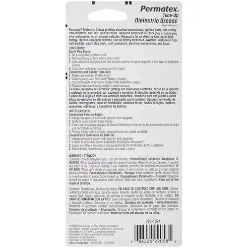 Back view of Permatex 22058 packaging showing instructions for Dielectric Tune Up Grease For Electrical Connections And Wiring In Cars And Trucks Protects Terminals Spark Plugs And Sockets From Salt Dirt And Corrosion Permatex 22058 3oz.