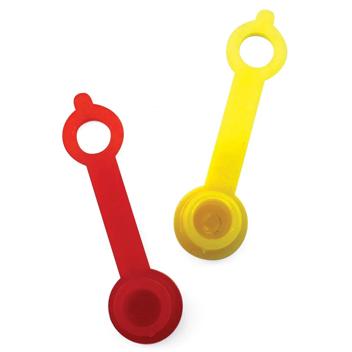 Red 50 Count Grease Fitting Caps With Integrated Collar For All SAE And Metric Fittings By LockNLube 1.67 Inch Overall Length Keeps Cap Attached And Protects Fittings From Dirt And Contaminants, shown in red and yellow.