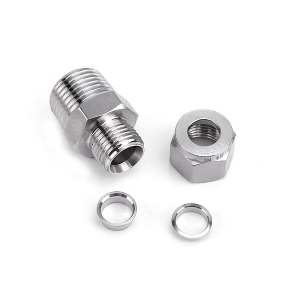 Compression Fitting 1/4 Inch Tube OD To 1/4 Inch NPT Male Straight Coupler With Double Ferrules, 2 Pack, stainless steel parts